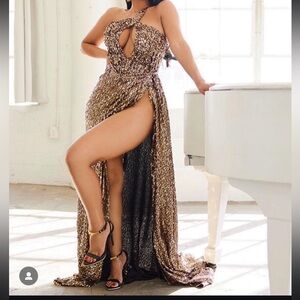 Gold sequin high split gown